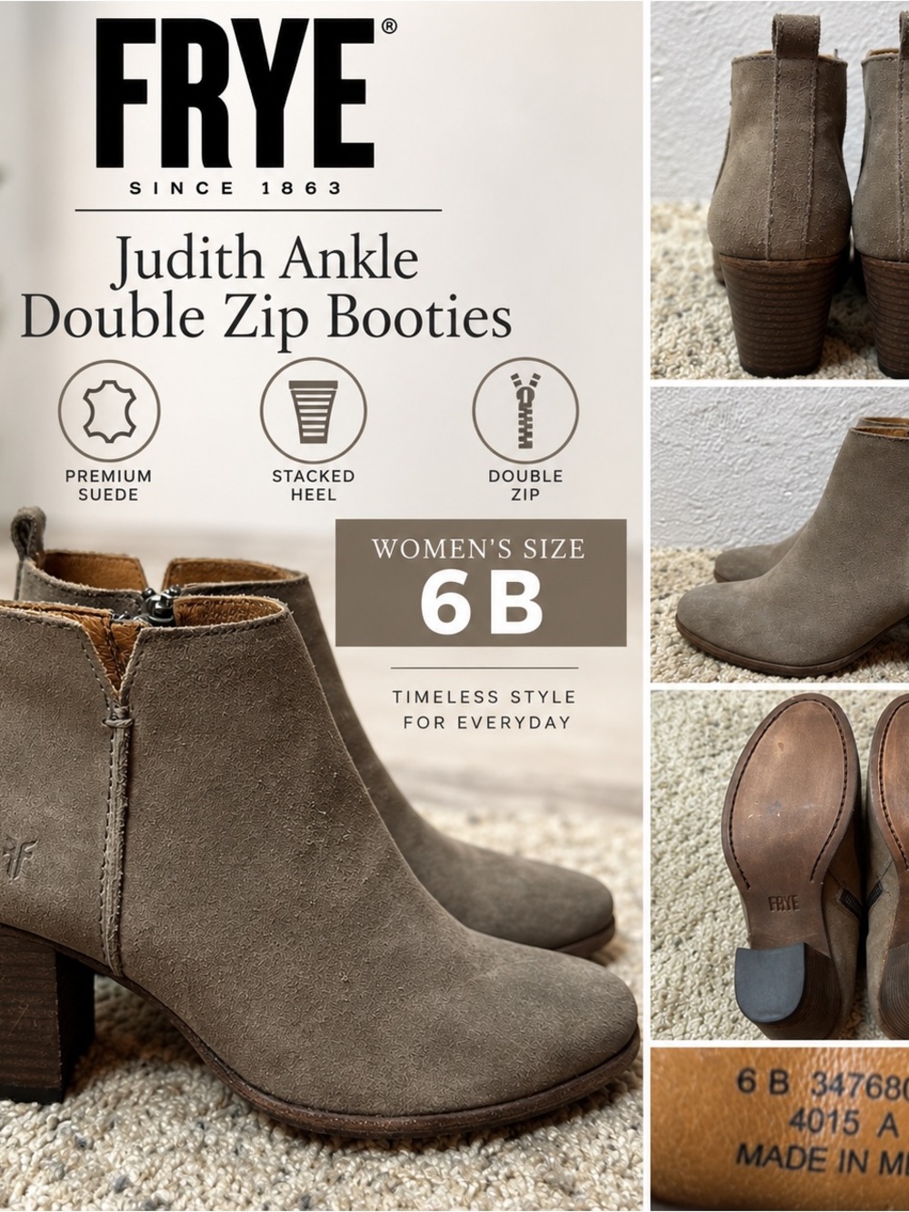 Frye Judith Double Zip Ankle Booties Women’s Size 6B Taupe Suede Block Heel